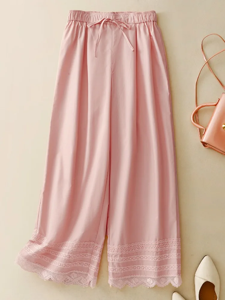 Casual Patchwork High Waist Women's Summer Slimming Short Wide Leg Straight Cut Elastic Waist Floral Lace Trim Nine-Tenths Pants