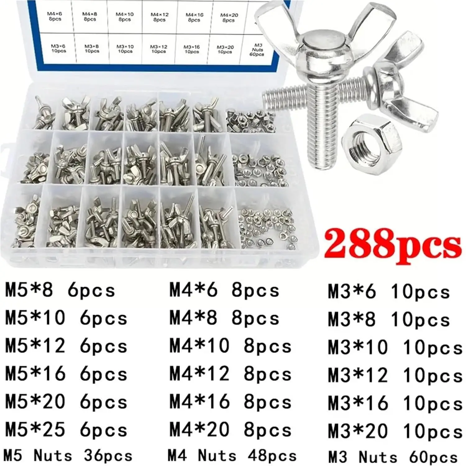 288-teiliges Flügelschrauben- und Muttern-Set aus Kohlenstoffstahl, Edelstahl M3 M4 M5 Flügelkopf-Daumenmuttern-Kit DIN316 für den Heimgebrauch
