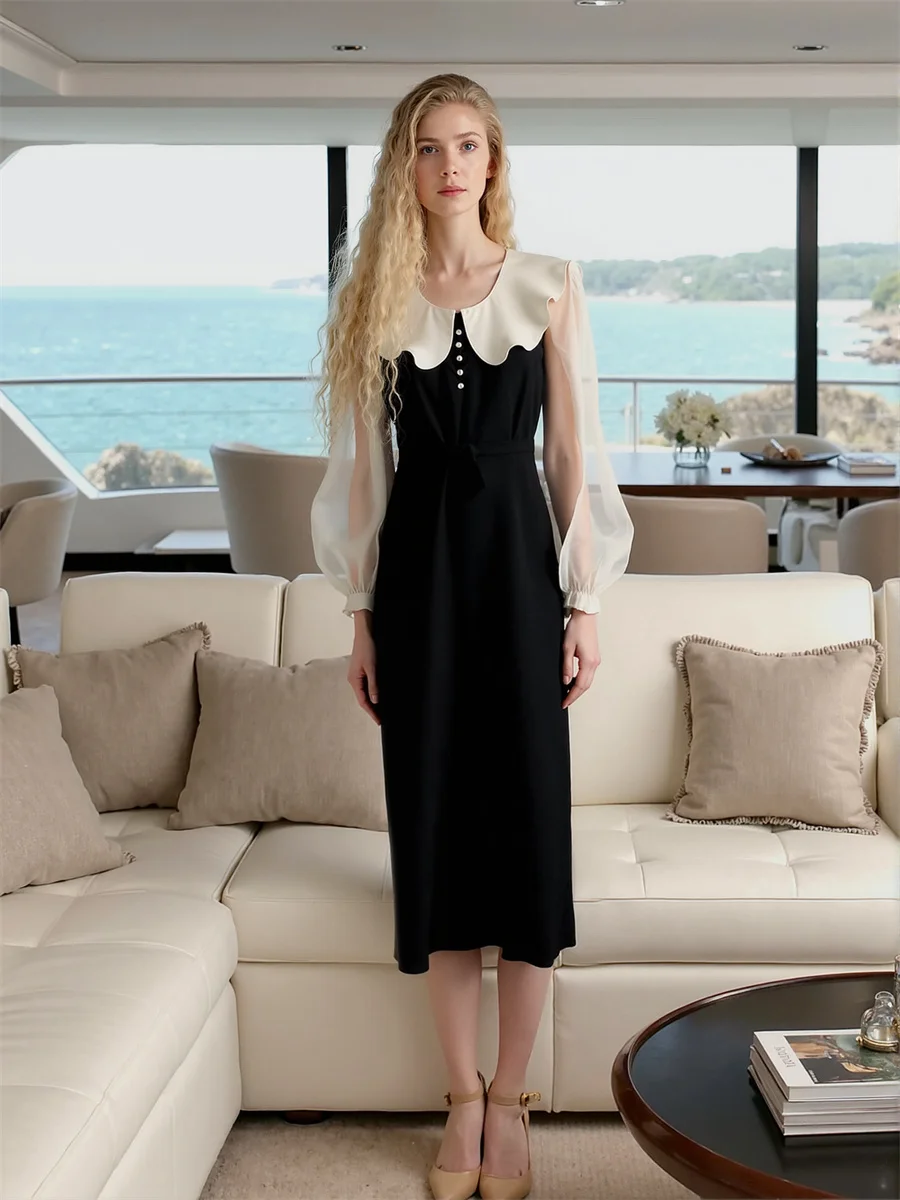 Women'S Dress Autumn Woman Long Sleeve Black White Patchwork Tied Tie-Dye Tie-Up Tight-Fitting Tossy Townlike Tropical Tummy