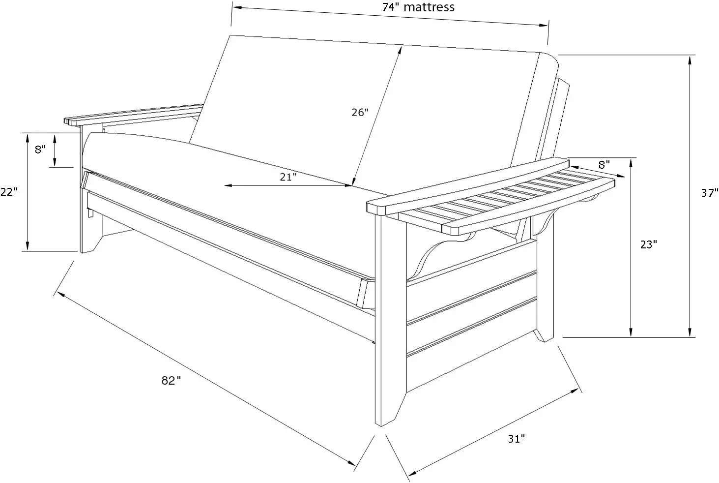 Phoenix Full Size Futon, Frame Only/No Mattress