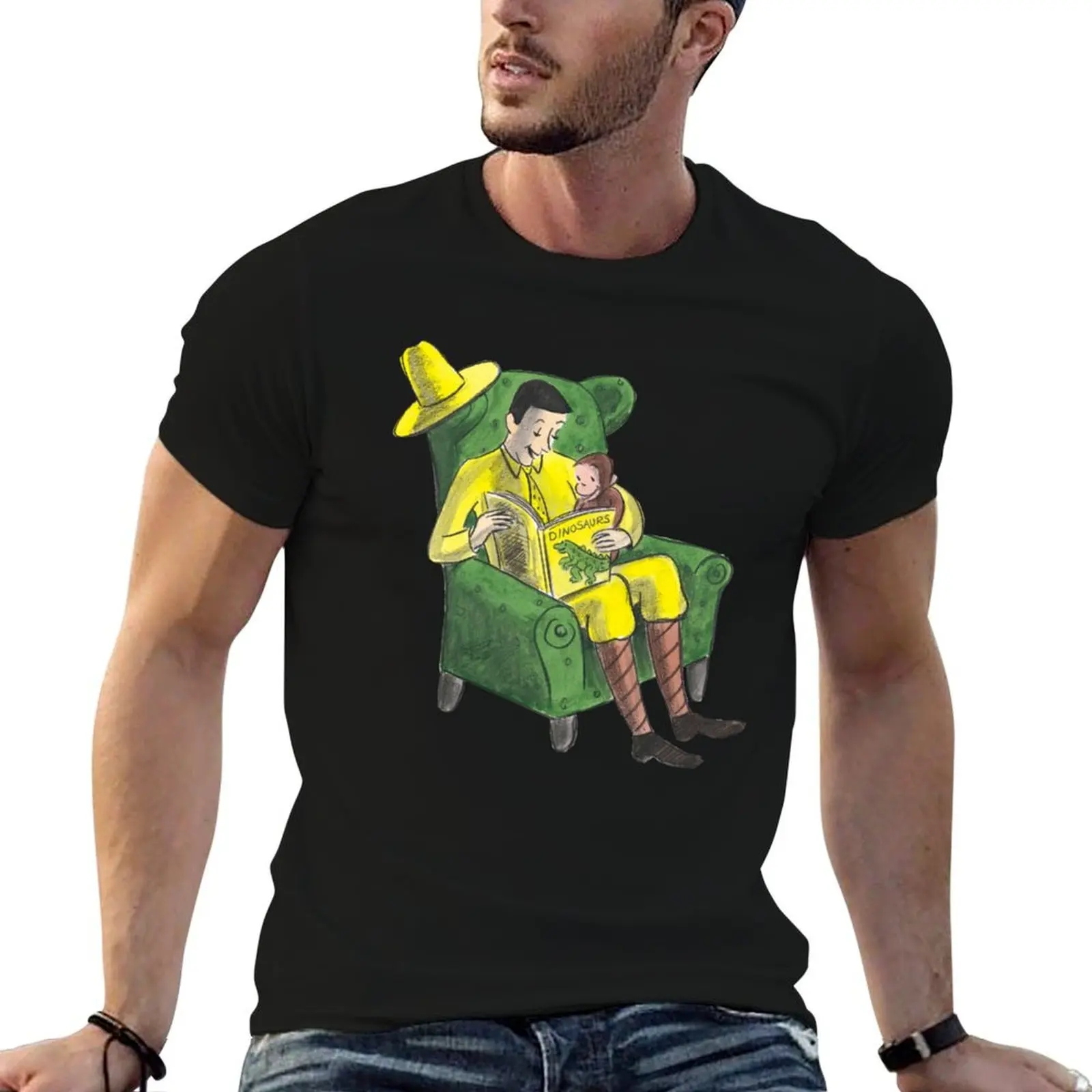 Curious George and the man with the big yellow hat T-Shirt Vintage Print Crew Neck Tee