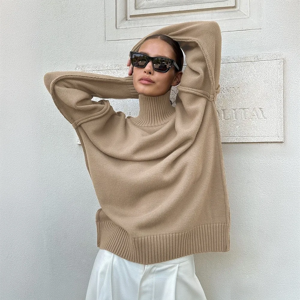 Oversize Turtleneck Knit Sweater Women Patchwork Thick Pullover Casual Loose Winter Fall