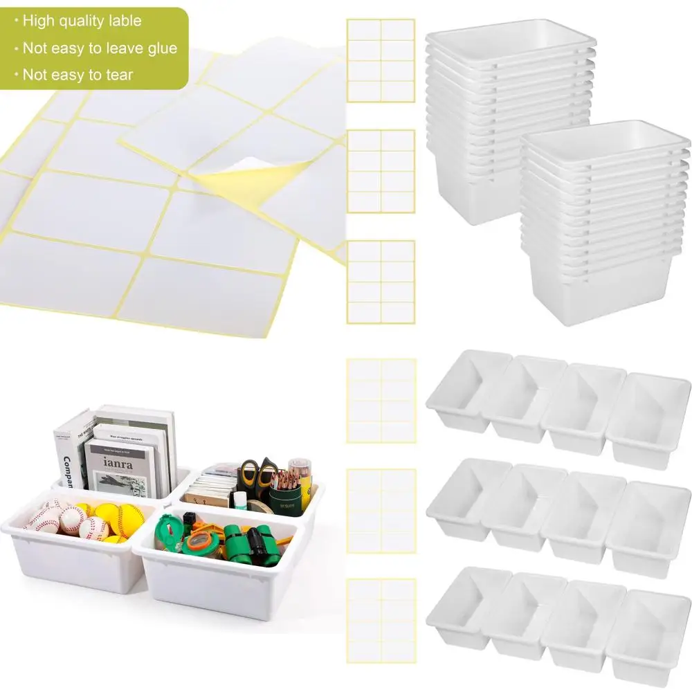 

Classroom Storage Bins Set of 24, Plastic Cubby Organizers with 120 Labels for Kids, Teachers, and Libraries (White)