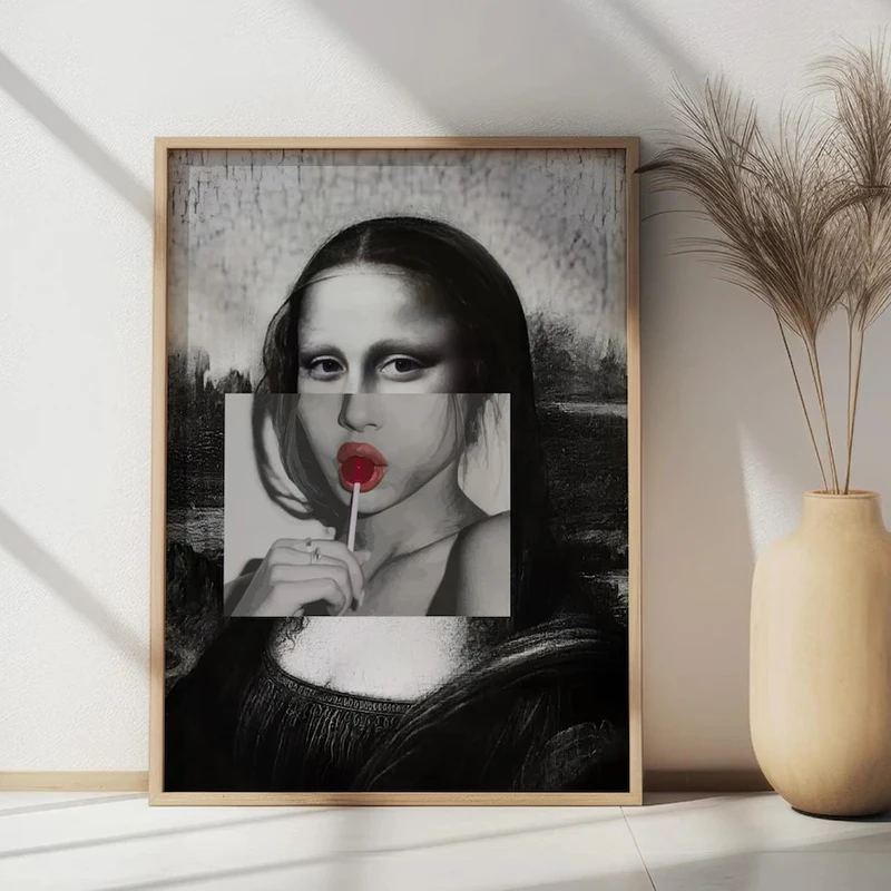 Mona Lisa Pop Art Poster in Modern Collage Style with Lollipop and Retro Surreal Aesthetic Classical Statue Canvas Wall Art