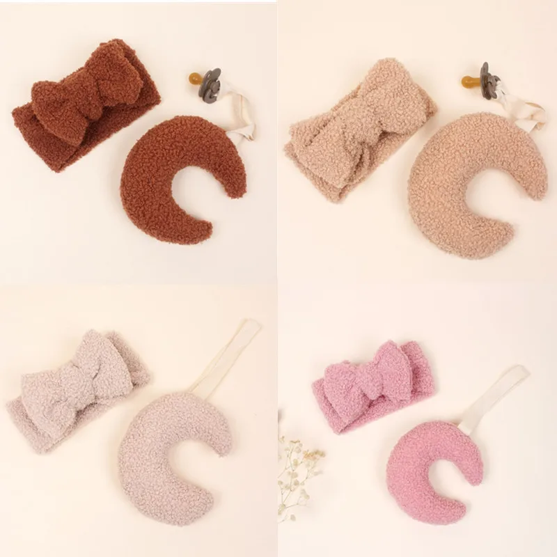 2 PCs Cute Solid Colour Plush Baby Headband+Plush Moon Shape Pacifier Holder Soft Baby Bowknot Hairband Newborn Accessories