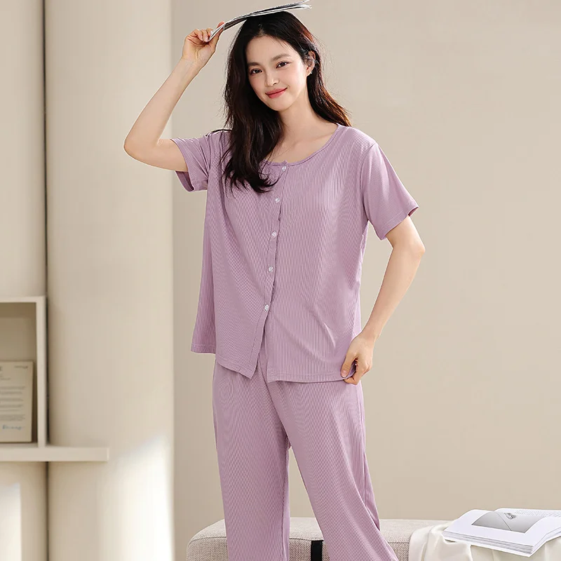 Summer Pajamas Set Women With Chest Pads Short Sleeve Tops + Long Pants Casual Tracksuit Female Sleepwear Cardigan Pijamas Mujer 2