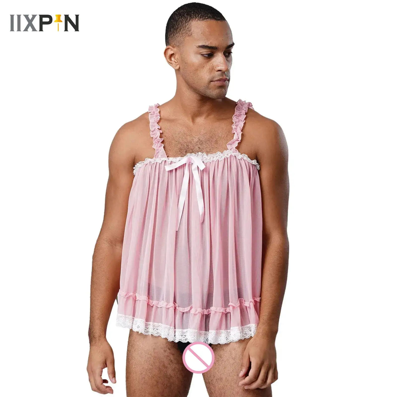 Женские и мужские сексуальные прозрачные Babydolls, прозрачный сетчатый топ с рюшами на бретельках и бантом, кружевная отделка, топы на бретельках, нижнее белье, клубное соблазнительное ночное белье