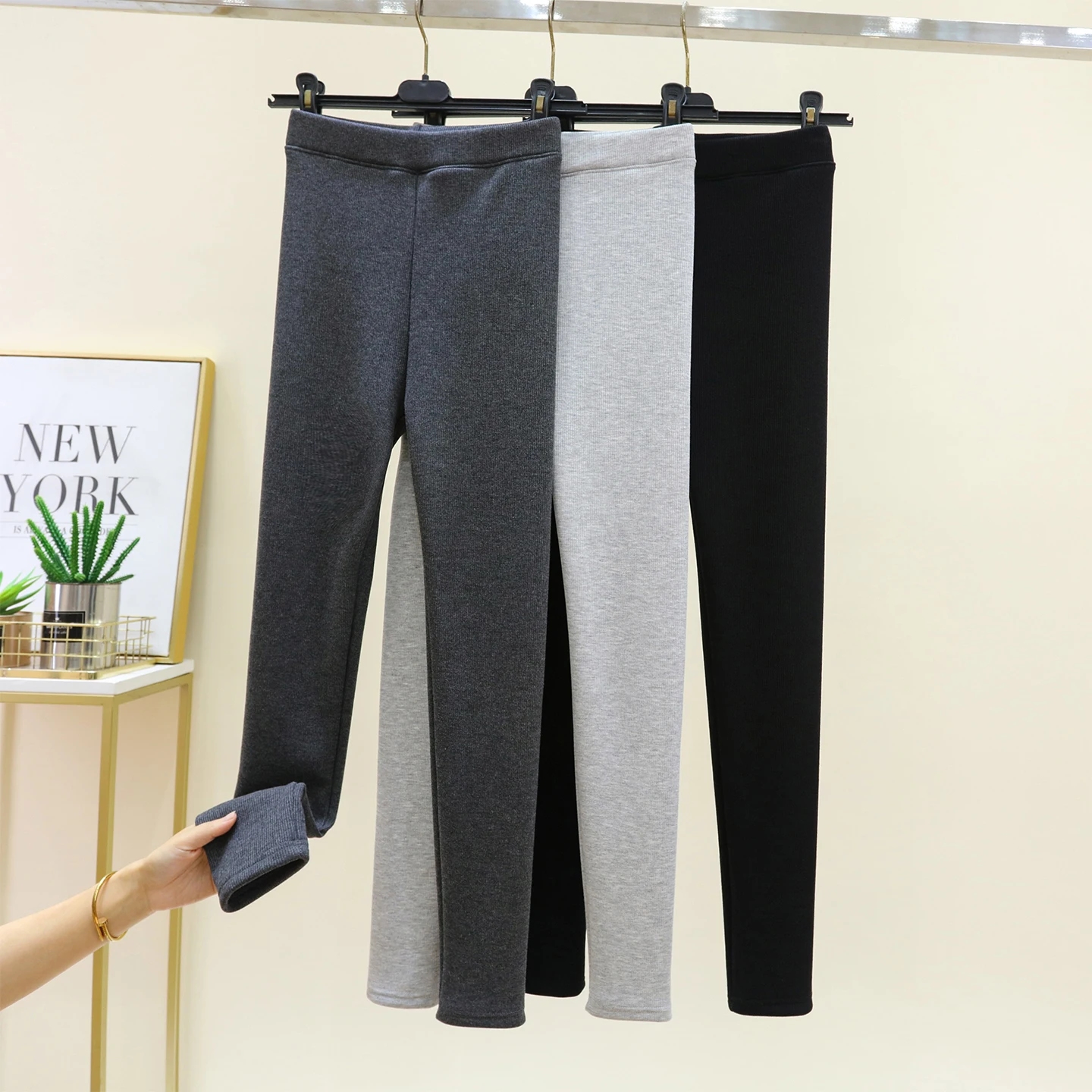 Thickened Fleece Lined High Waist Women's Thermal Trousers Grey Black Cotton Long Pants Underwear Tight Fit Pants for Autumn ...
