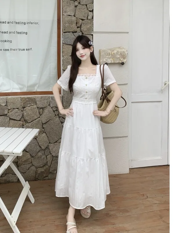 

Новое летнее женское платье больших размеров с квадратным вырезом, нежным белым кружевом, коротким рукавом, приталенное, длинное, в корейском стиле
