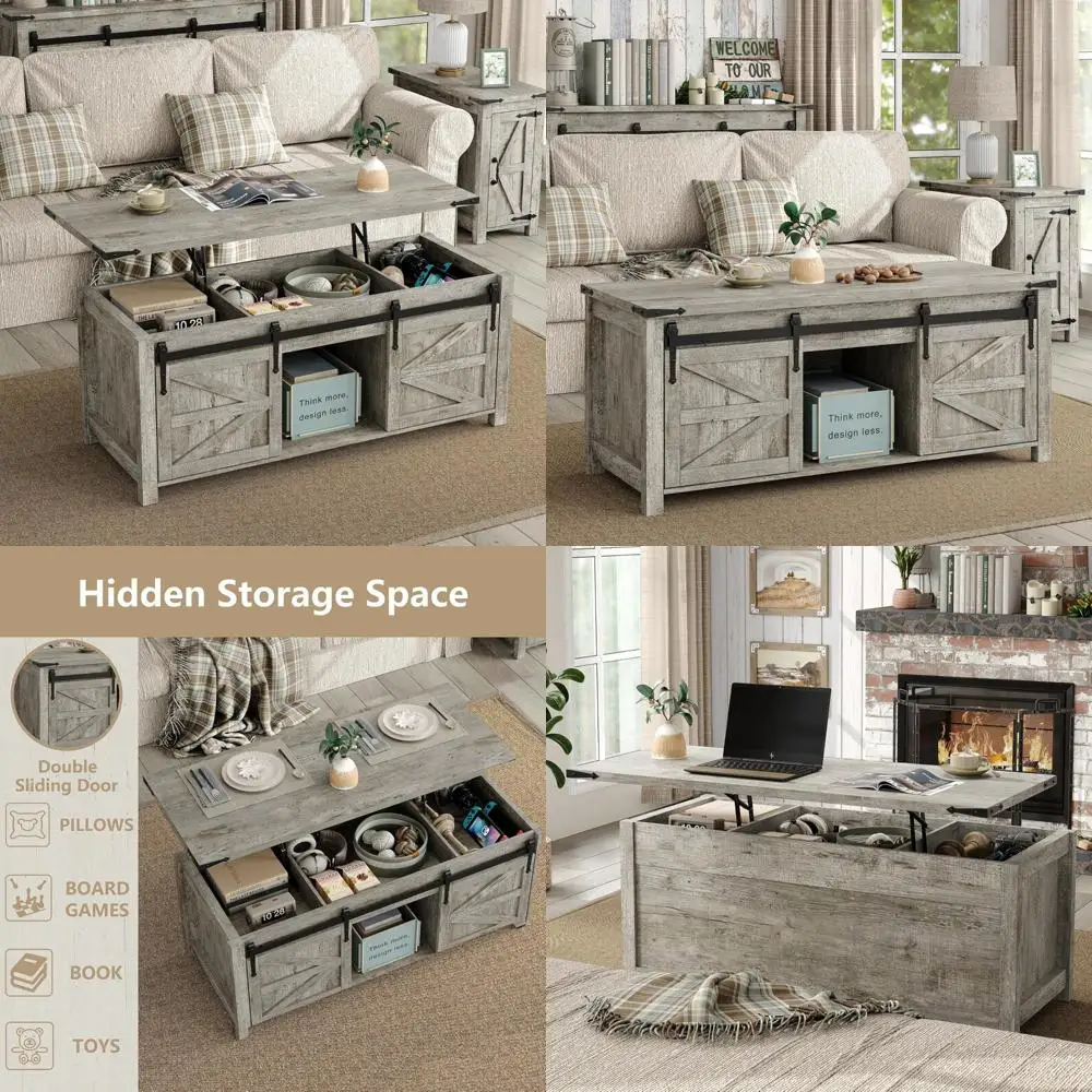 Large Farmhouse-Style Coffee Table with Sliding Barn Doors and Hidden Storage, Modern Wood Design