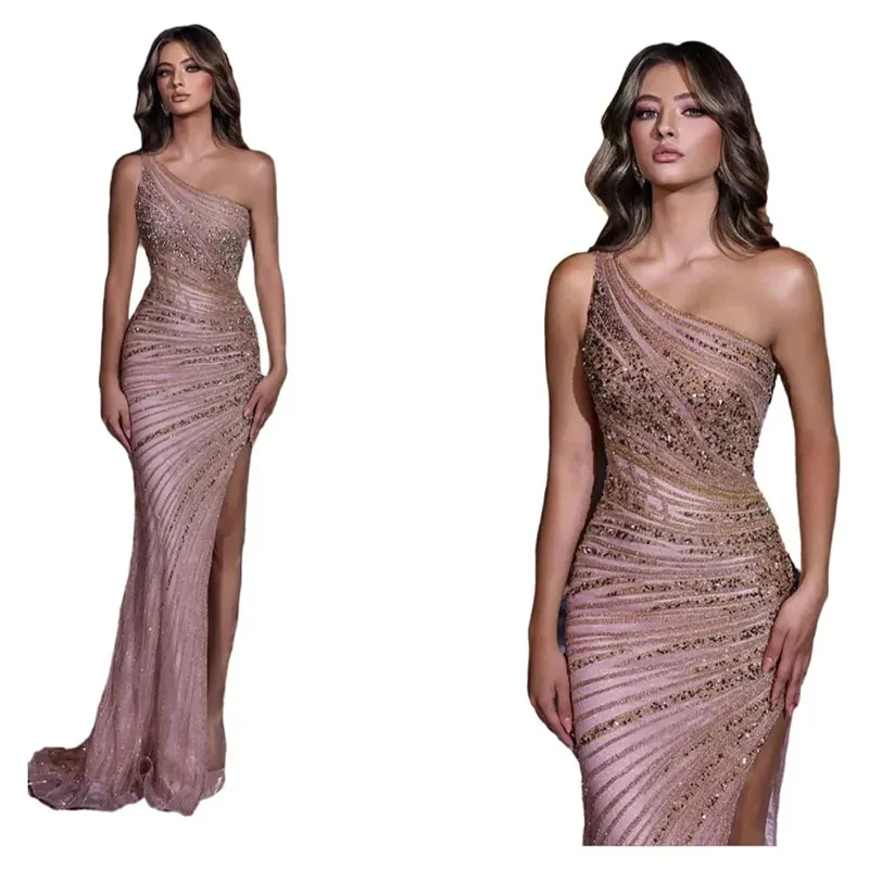 Exquisite One Shoulder Sleeveless Evening Dresses Sequined Beading Floor-Length Straight Women Party Gowns 2024