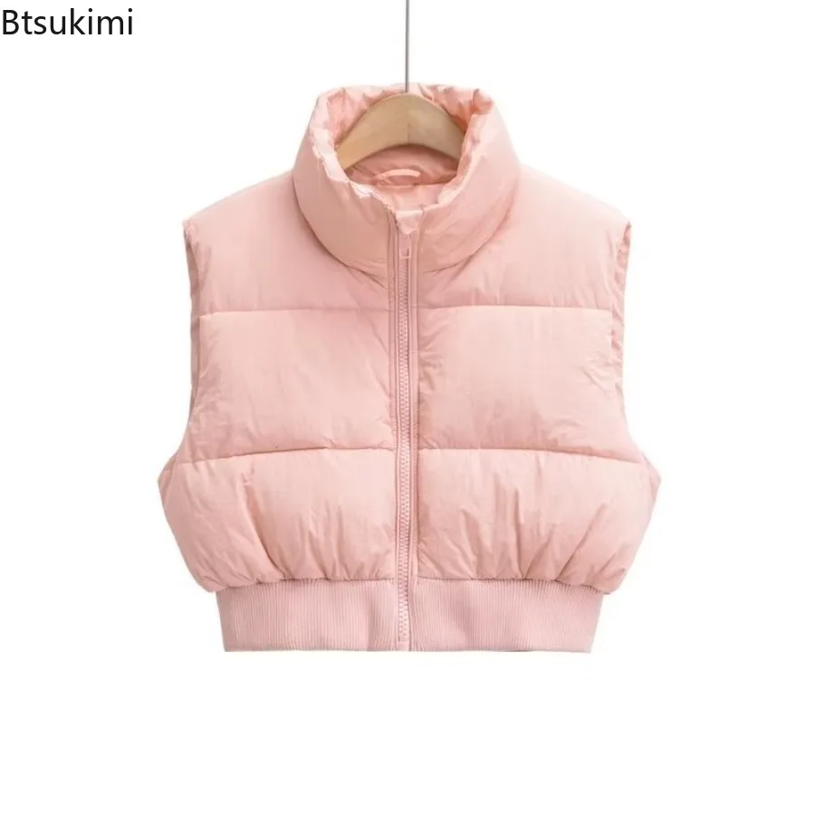 2025 Autumn Winter Women's Short Cotton Down Vest Short Stand-up Collar Warm Sleeveless Quilted Vest Outdoor Travel Jacket Tops
