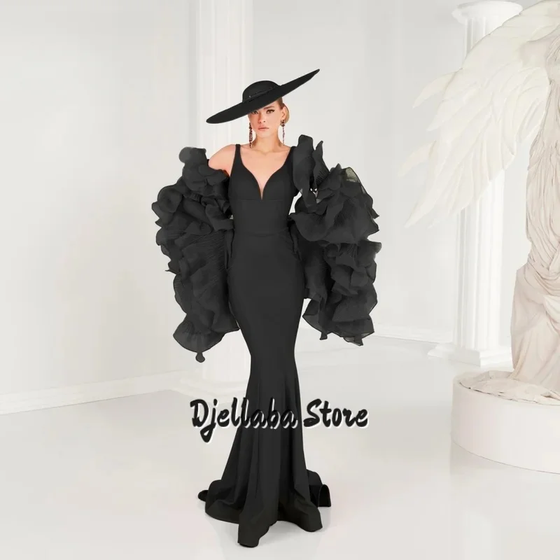 فستان حفلات أسود أنيق على شكل حرف v وكشكشة للحفلات الراقصة من الساتان مطوي حورية البحر فساتين سهرة للنساء رداء du soir مخصص