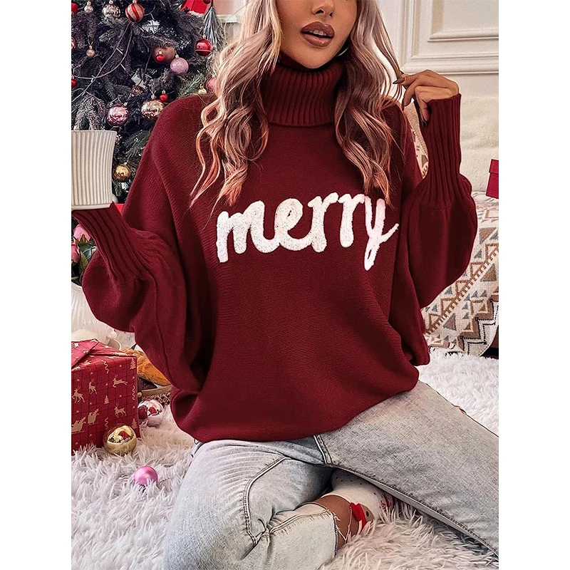 2024 Knitted Women Turtleneck Sweater Loose Pullover Female Jumper Elegant Winter Autumn New Year Trendy Tops Christmas Sweater