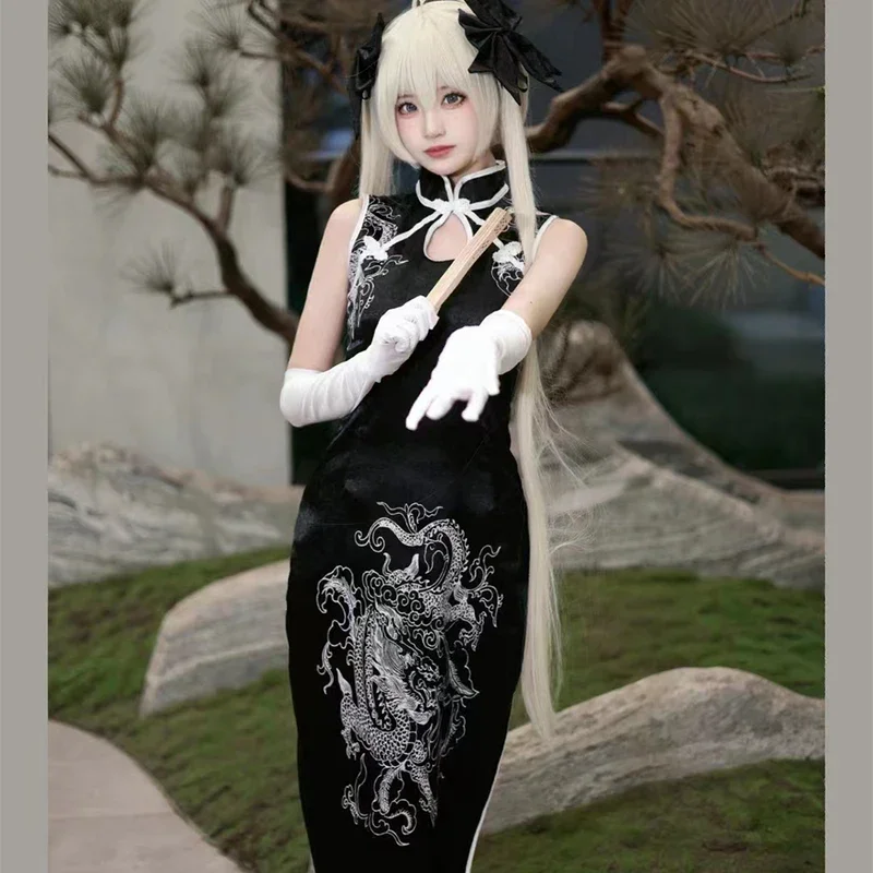 Disfraz de Cosplay de Anime Yosuga No Sora kasuvano Sora, peluca Cheongsam blanca y negra, juguete de conejo, vestido de fiesta de Carnaval de Halloween