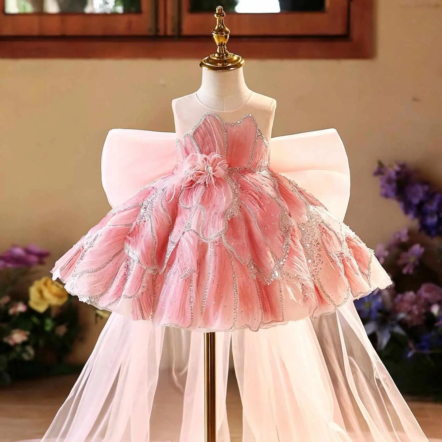 Dreamy Vow D022 Pink 3D Petal Girls Tutu Dress, Rhinestone Trim Gown with Oversized Back Bow & Sheer Tulle Train