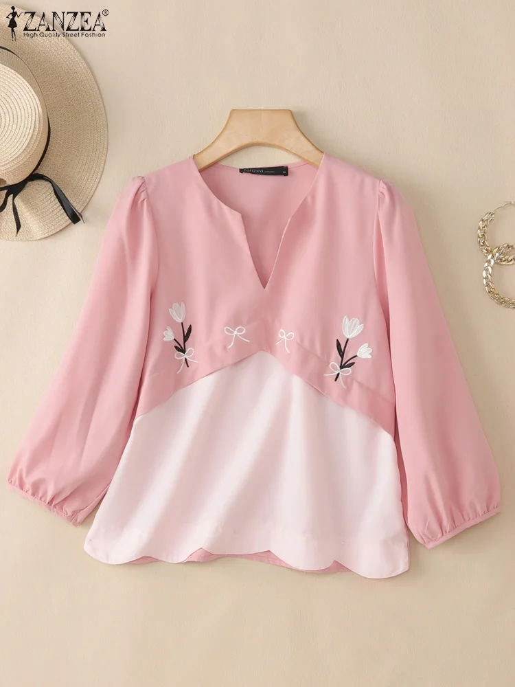 

Elegant V-Neck Office Blouses Fashion Printed Tops Women 3/4 Lantern Sleeve Tunic 2025 ZANZEA Blusas Vintage Spring Pullovers