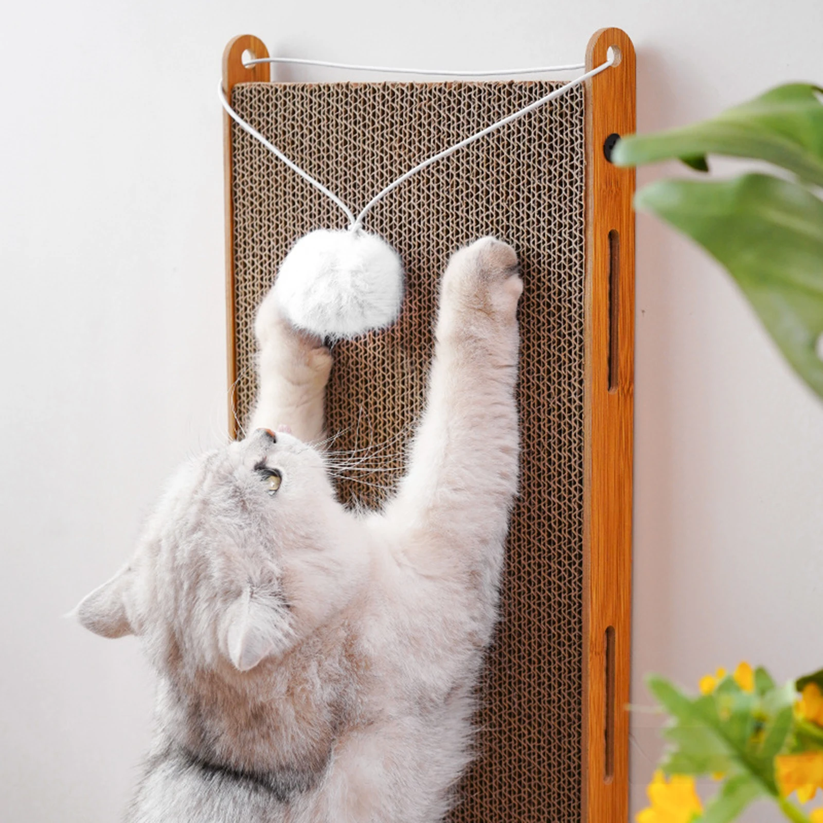 Vertical Cat Scratcher with Hanging Toy Ball, Cardboard Scratch Pad Scratching