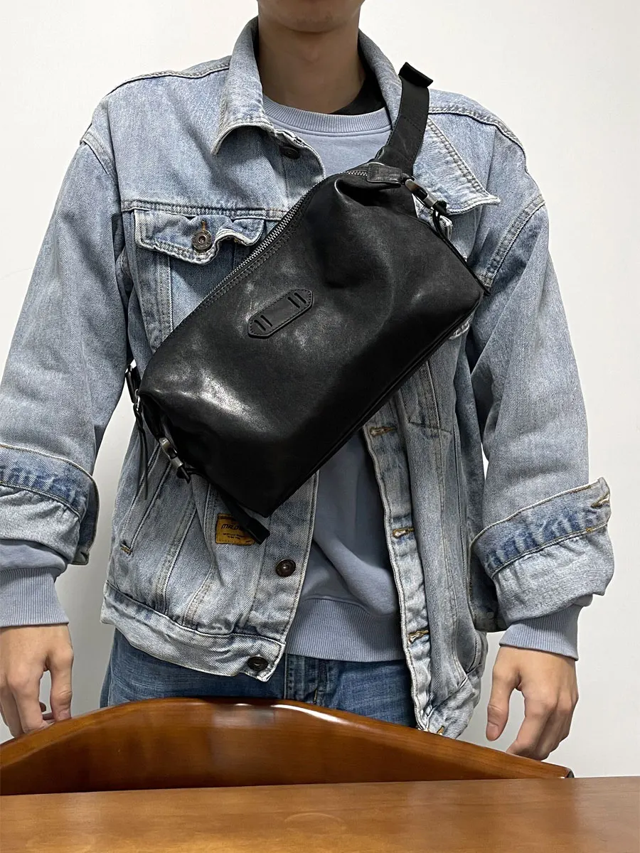 Crystal Vintage Men's Chest Bag Shoulder Top Layer Cowhide Leather Large Sling Bag Casual Fashion Boy's Riding Crossbody Bag