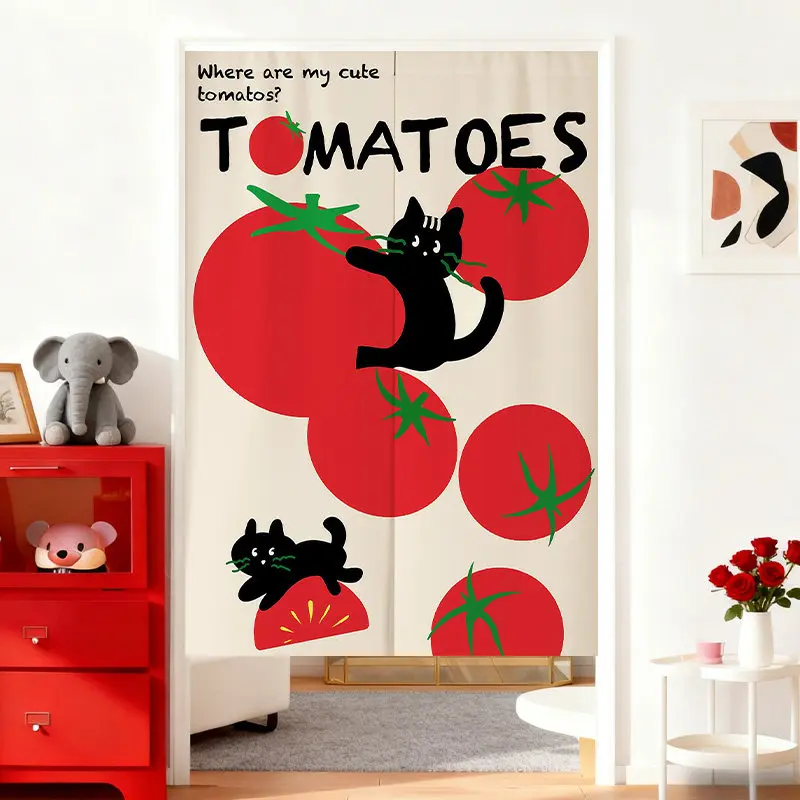 VIKAMA Whimsical Tomatoes Peeking Black Cat Cartoon Velcro Door Curtain Self Adhesive Fun Kitchen Split Panel Home Decor Soft