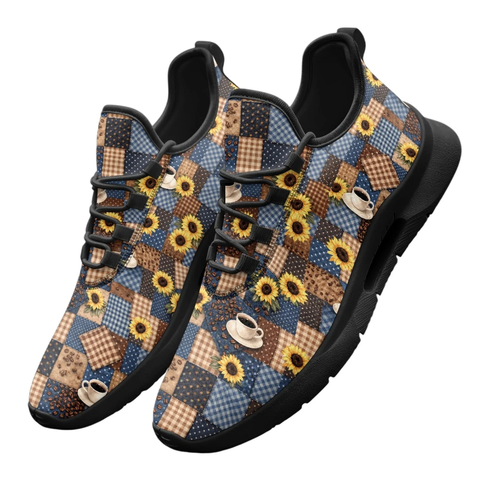 PENSTROLL Sunflower Coffee Patchwork Print Versatile Low-Top Lace-Up Sneakers for Men Travel Walking, Casual Walking Shoes