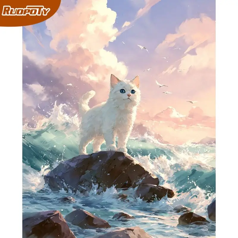 

PhotoCustom Cat Diy Картина по номерам для взрослых Наборы Diy Crafts Животных Акриловая краска по номерам Волна Домашний декор стен