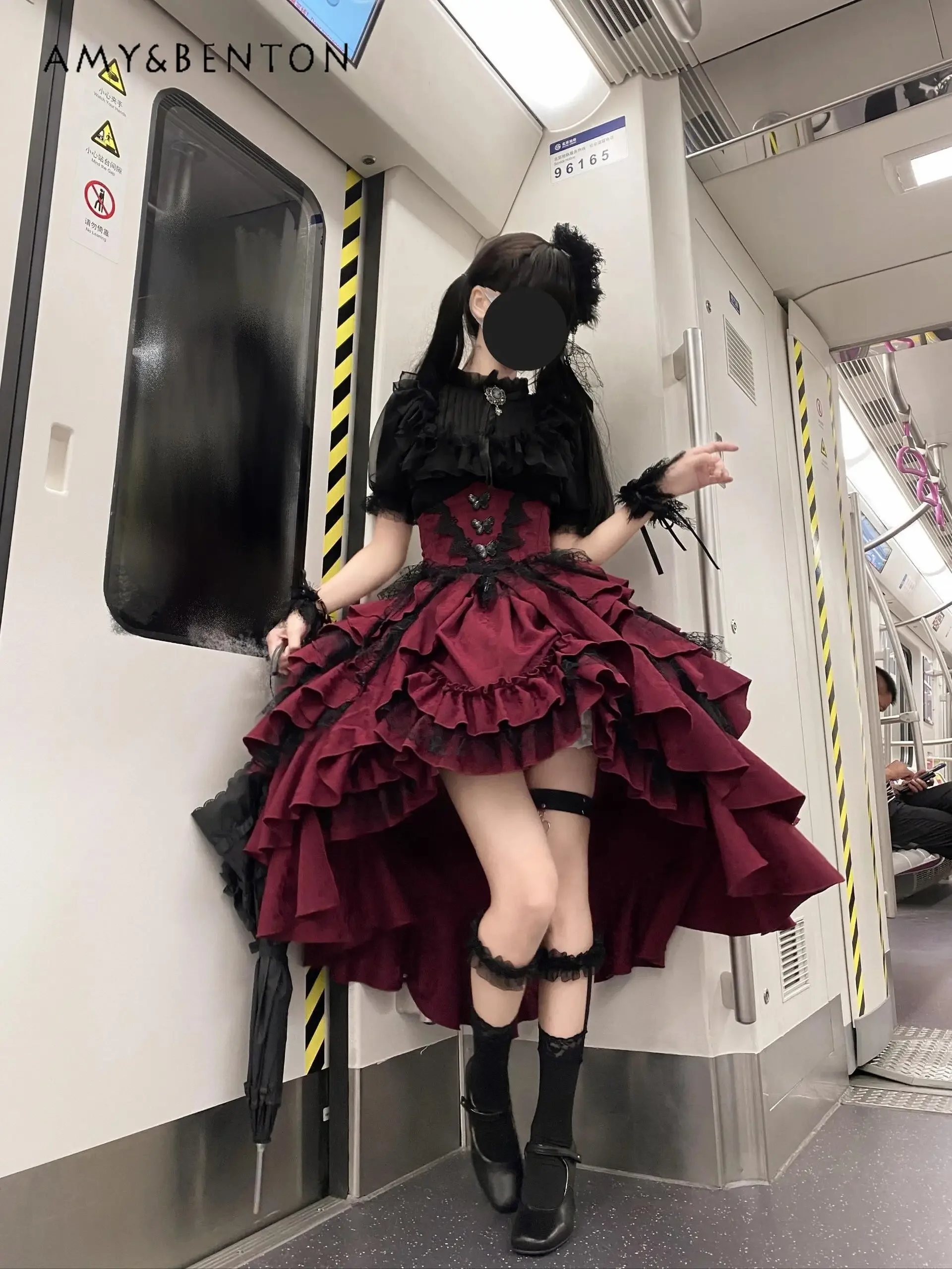 Lolita Subculture Stand Collar Bubble Short-sleeved Lace Shirt High Waist Slim Irregular Multi-layer Tutu Skirt Two-piece Set