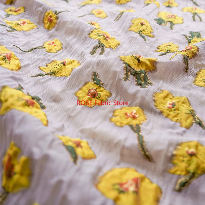 1 Meter Embossed Yellow Flowers Yarn Dyed Jacquard Fabric Women's Bubble Skirt Elegant Dress Diy Sewing Fabric