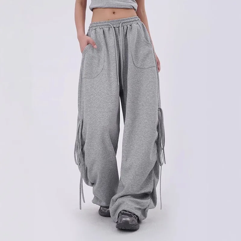 New Dopamine Side Strap Straight Casual Pants Thin Women's Loose Wide-leg Mop Pants in Summer
