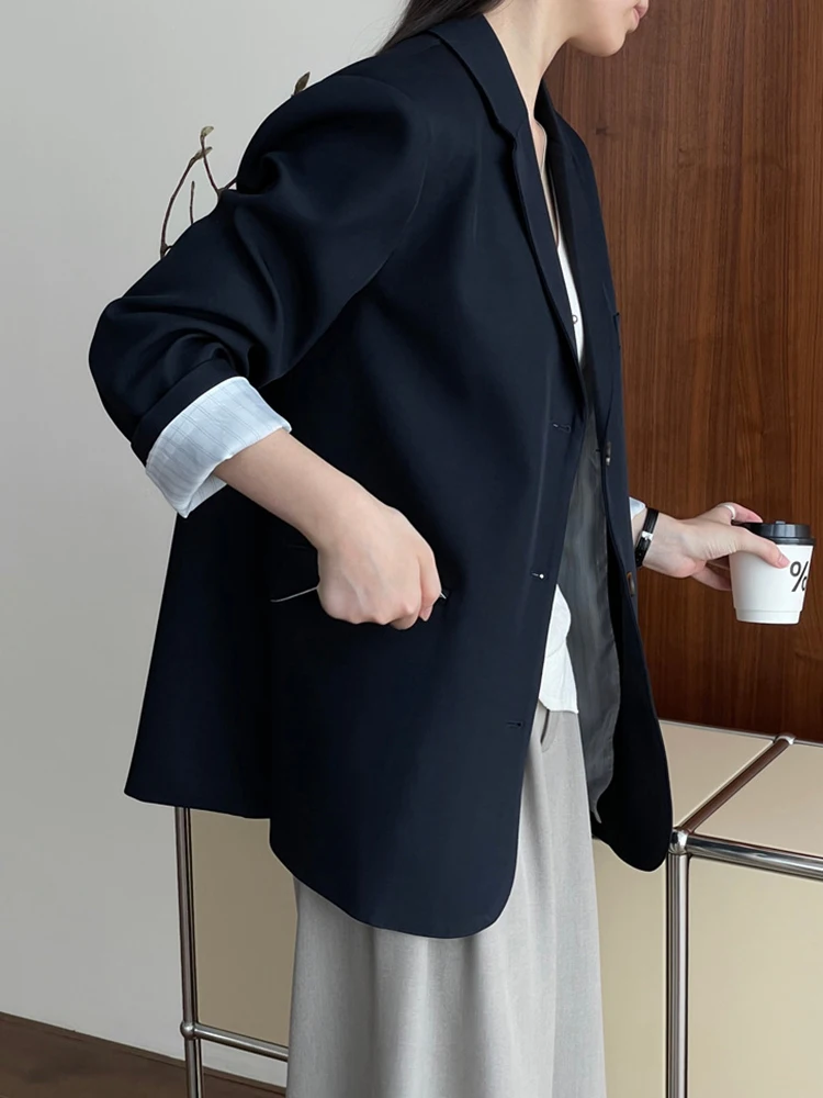 [EAM] Donna Blu Navy Spacco laterale Blazer elegante di grandi dimensioni Nuovo risvolto Giacca a maniche lunghe Moda Marea Primavera Autunno 2024