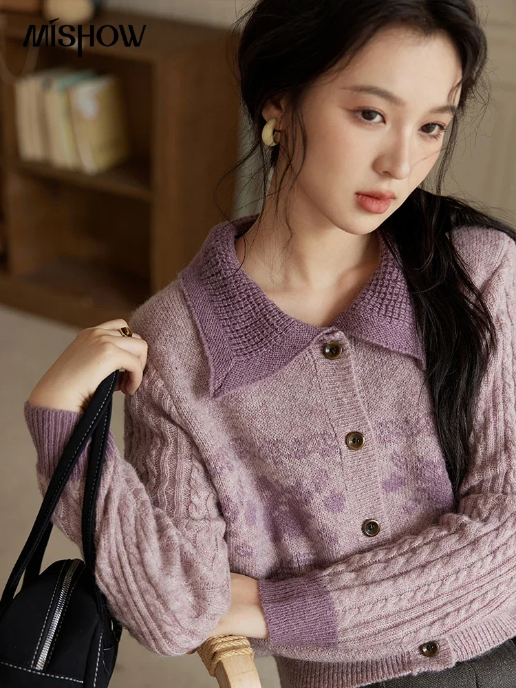 MISHOW Purple Vintage Sweater Women Flip Lapel Knitted Cardigan Tops 2024 Autumn Winter Single Breasted Elegant Top MXD46Z0800