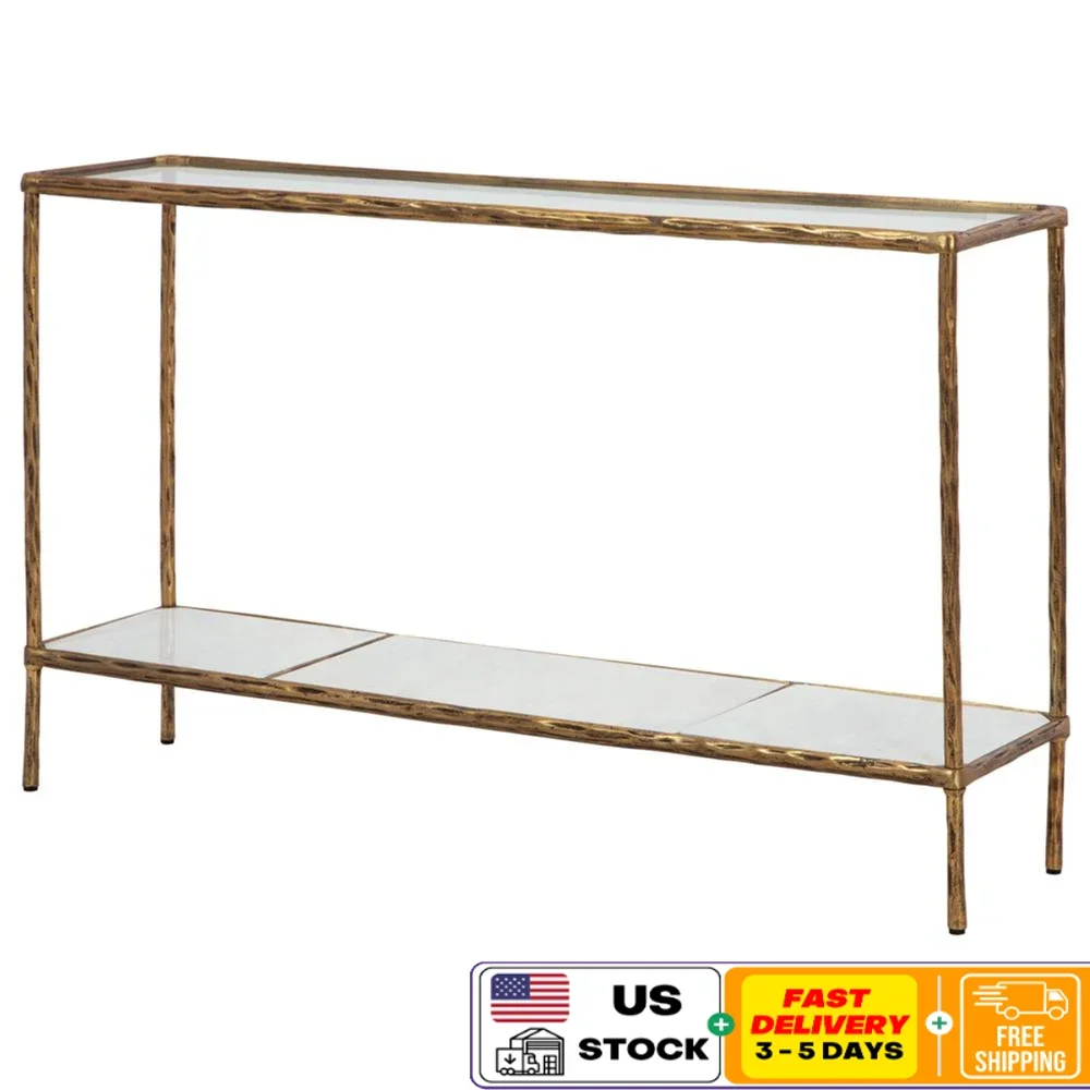 Modern Console Sofa Table Antique Brass Finish Glass Top Marble Shelf Entryway Accent Table Elegant Living Room Furniture