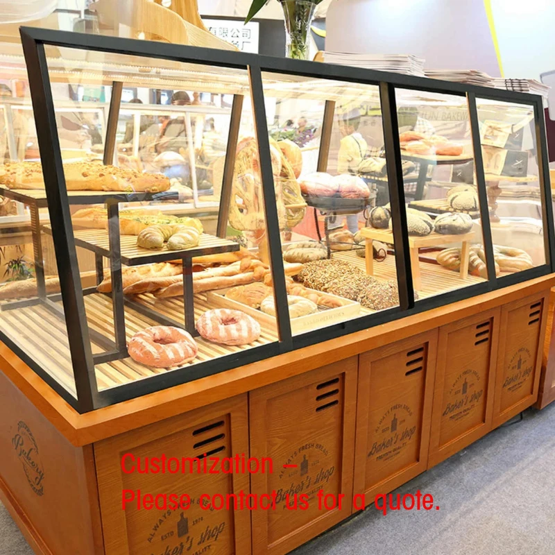 custom.Commercial Horizontal Pastry Display LED Lighting Heavy Duty Ladder Shelf Curved Glass Countertop Showc