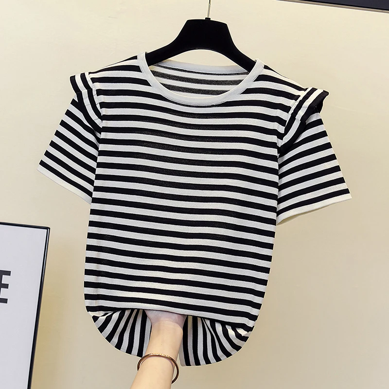 

oversize Striped Sweater Pullovers Women Summer thin O-neck chic 2022 sweater short sleeve sweater top size 4XL