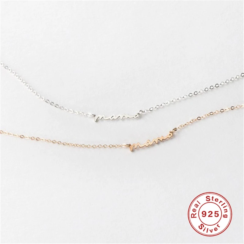 BOAKO 925 Sterling Silver Necklaces For Women Fine Mother's Day Gift Minimalist Glossy Clavicle Letter Mama Chain Necklace