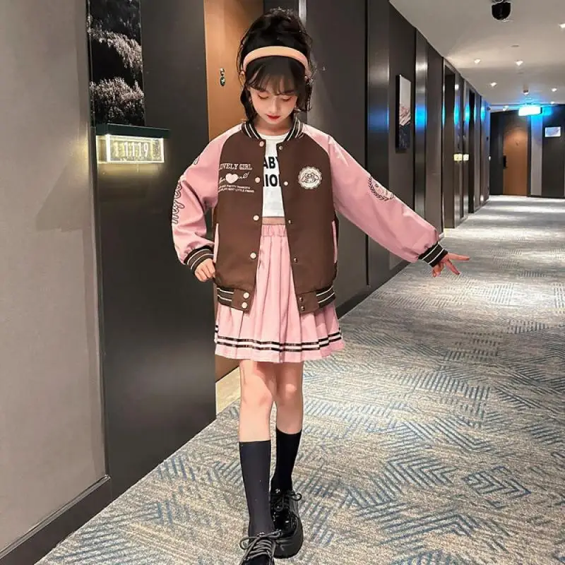 Sanrios Mymelody Girl Baseball Coat Anime Kuromi Kids Jacket Pleated Skirt 2Pcs Preppy Style Uniform Suit Spring Fall Kids Cloth