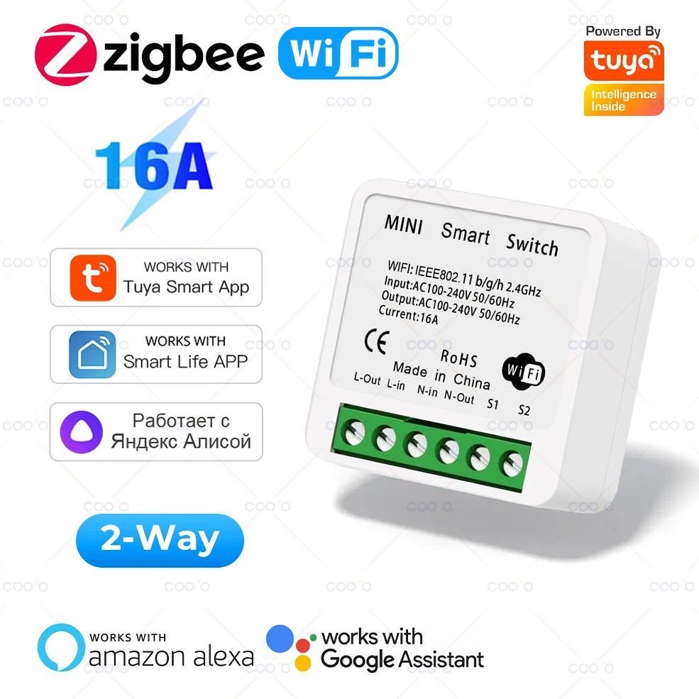 Tuya 16A Mini Wifi / ZigBee DIY Light Switches Module 2-way Control Breaker Relay Works With Smart Life Alexa Alice Google Home