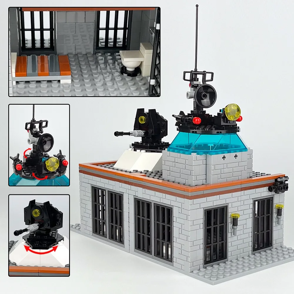 Militarys Scene Sea Iceland Prison Jail Sea Prisoner Police Station Wire Mesh Cage Building Blocks Adults Sets Bricks MOC Gift