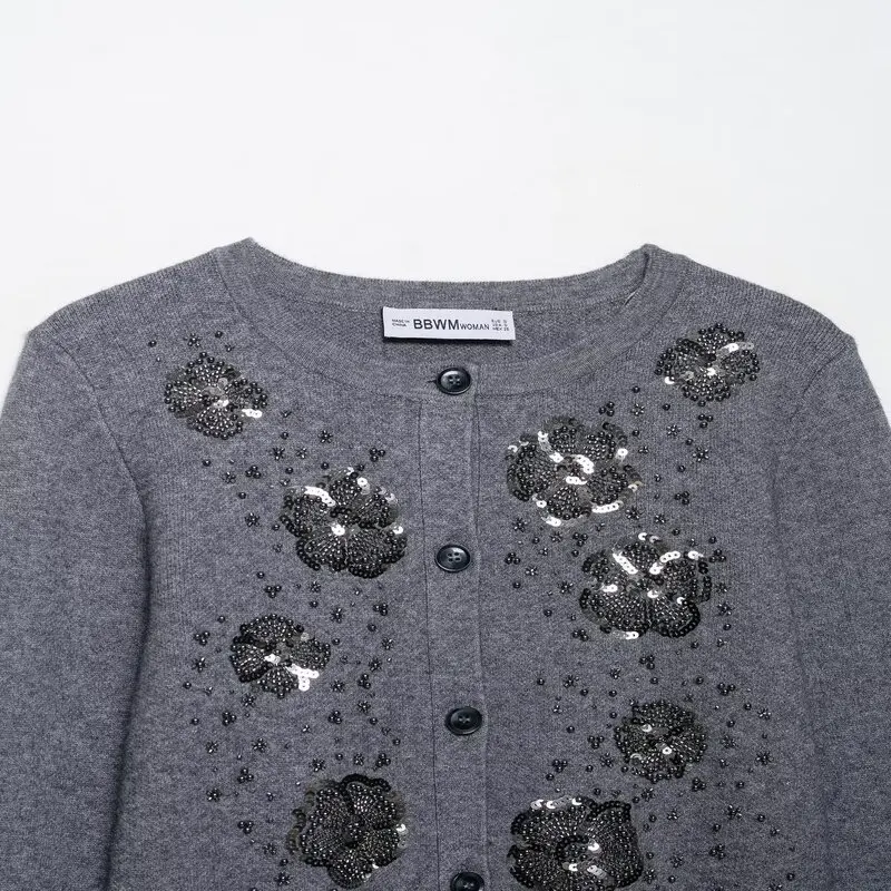 Fall 2025 New Women's Knitted Beaded Cardigan Outerwear Design Sensation Faion Trendy Long Sve ort Length round Ne