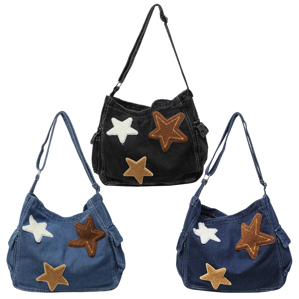 Star Denim Shoulder Bag Large Capacity Trendy Crossbody Bag with Zipper Adjustable Strap Fashion Handbag Multi Pocket for Women