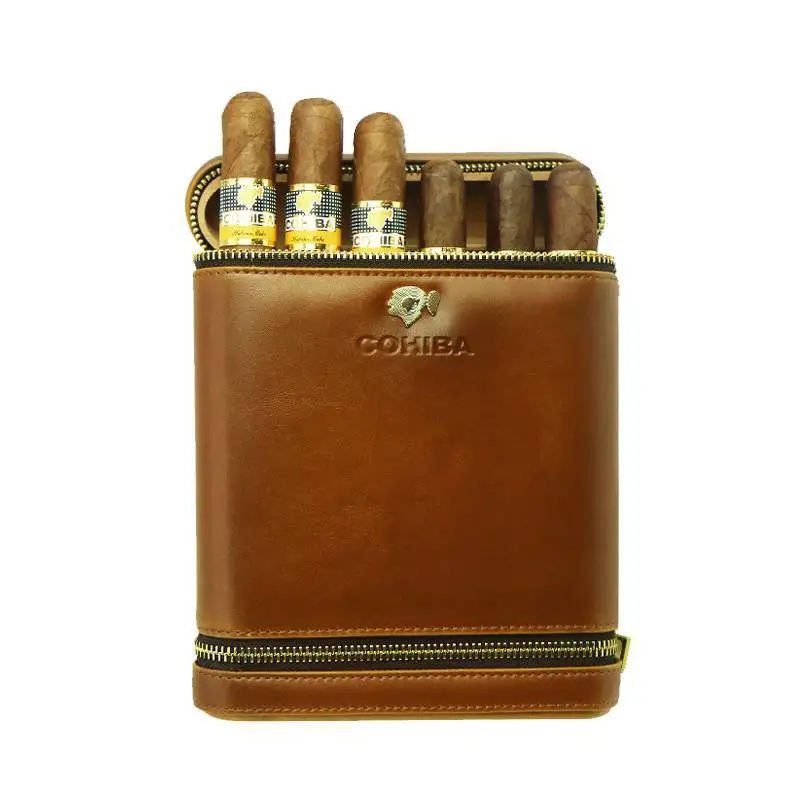 Portable Cigar Humidor with Cedar Wood Cigar Leather Case Holds Up To 6 Cigars Cigar Accessories