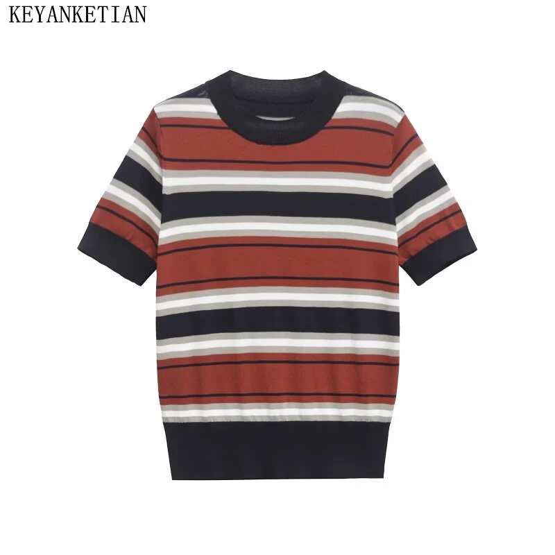 

KEYANKETIAN Summer New Women's Contrast Color Horizontal Striped Knit Top Preppy Style O-Neck Short Sleeve Slim Thin Pullover