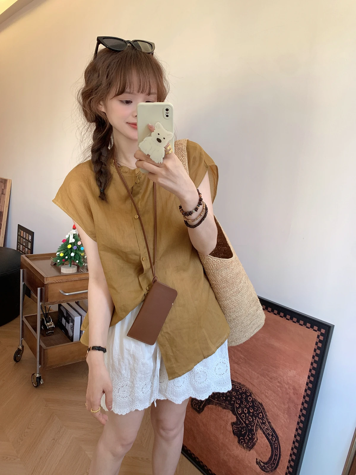 

Summer New Thin Linen Double-Sided Wear Loose Fit irt Women's round Ne ort Sve Button-Up Pure Color French Sle Top