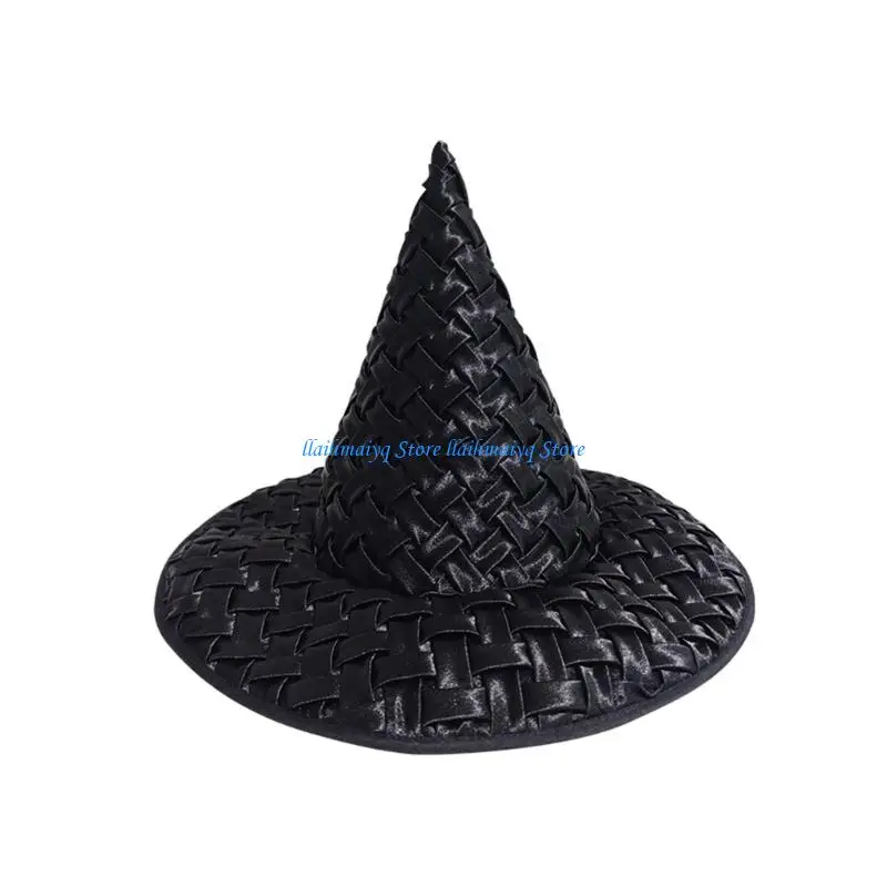 

573B Braided Twist Witch Hat For Halloween Party Costume Accessory Classical Black Polyester Hat With Interwoven Design