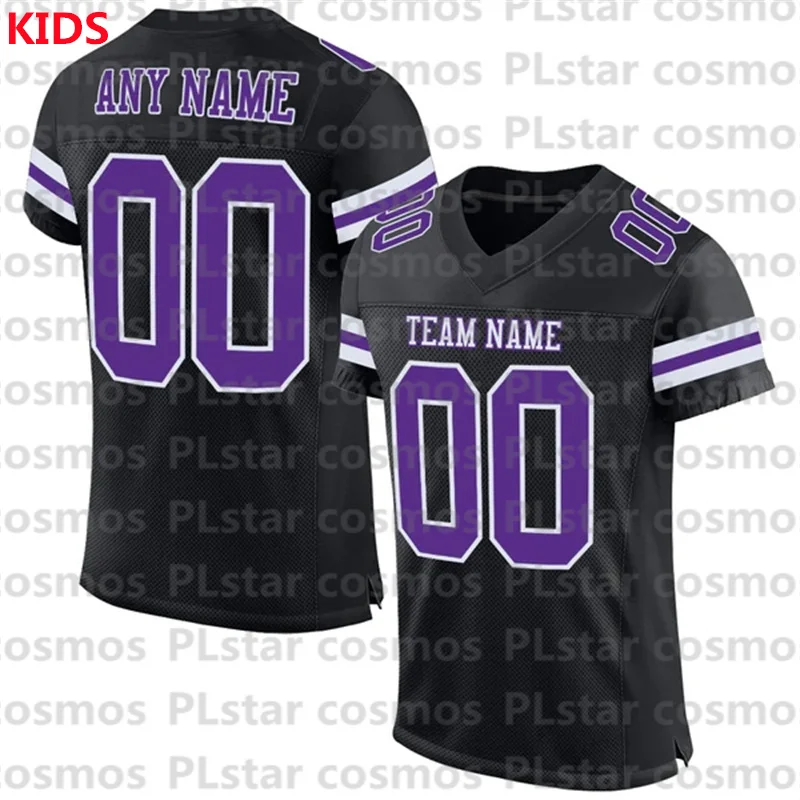 Custom Black Purple-White Mesh Authentic Football Jersey 3D Printed Kids Football Jersey Boys Tops Girl Tees