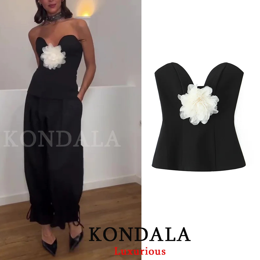 KONDALA Sexy Tube Slim Tops Women V Neck Flower Appliques Short Tops Fashion 2026 Evening Club Party Y2K Girl Tops