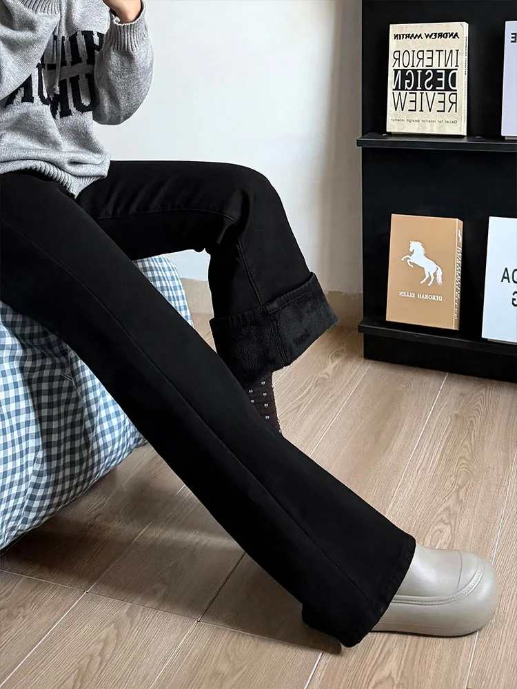 Fce forrado thiened bla emagrecimento bootcut jeans feminino inverno plus size solto elástico casual calças jeans de cintura alta