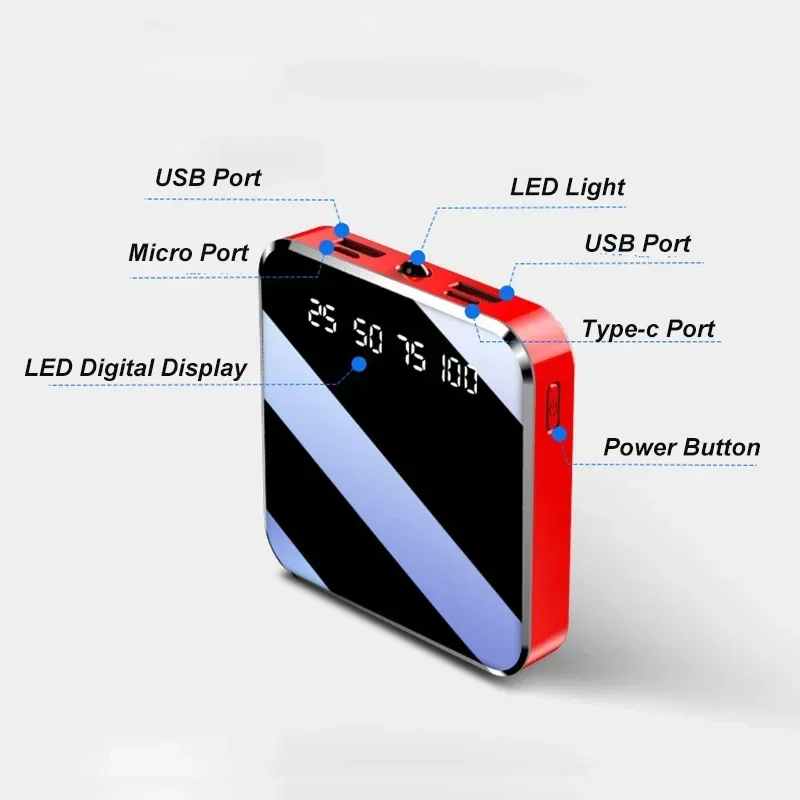 10000mAh Mirror Screen Power Bank External Battery Phone Charger LED Flashlight With Double USB Port Poverbank For iPhone 12