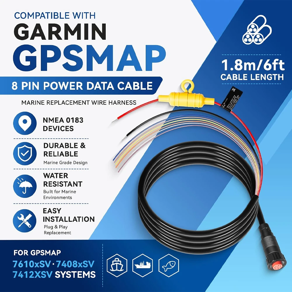 Garmin GPSMAP 6ft Power Data Cable 010-12152-10 8-Pin NMEA 0183 Support GPS Navigation Accessory for GPS