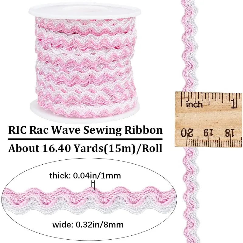 16.4Ydsx 8mm RIC Rac Bending Fringe Trim Wave Ribbons Pearl Pink Woven Braided Fabric Ribbon for DIY Sewing Crafts